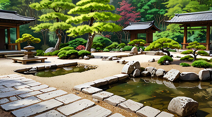 A tranquil Japanese Zen garden, neatly raked gravel patterns, bonsai trees, a stone lantern, and a wooden bridge over a small pond.