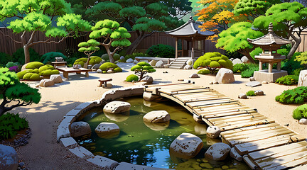 A tranquil Japanese Zen garden, neatly raked gravel patterns, bonsai trees, a stone lantern, and a wooden bridge over a small pond.