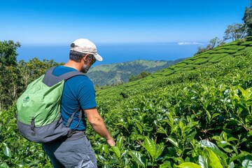 Naklejka premium Azorean farmers tending lush tea plantations on the slopes of SÃ£o Miguel, with ocean views in the distance