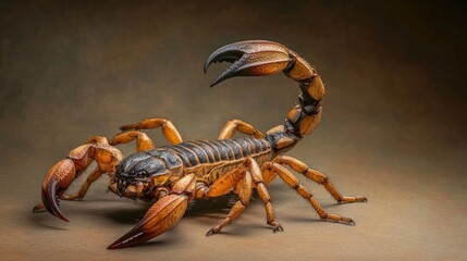 A full-body shot of a scorpion in a defensive pose, set against a smooth gradient studio background, with shadows accentuating its fierce form.