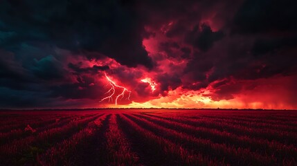 Vivid crimson clouds illuminated by lightning strikes over a field of darkened crops, eerie ambiance,