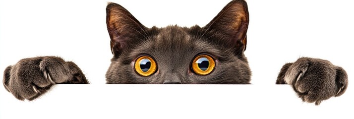 Fototapeta premium A curious gray cat peeking over a white surface, showcasing its big yellow eyes.