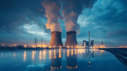 Nuclear power plant at night with cooling towers and reflections in water, energy production