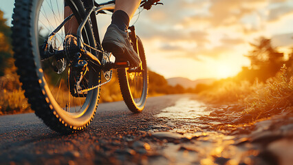 A young man rides a mountain bike on a road at sunset, a close-up photo of a person's feet, a quiet road, real, realistic.