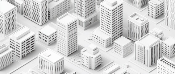A minimalist 3D cityscape featuring various buildings in a monochromatic design.