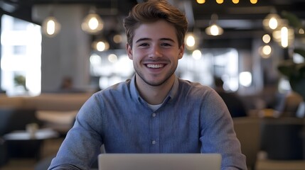 Fototapeta premium A young professional smiling while working on a laptop in a modern office space symbolizing hopes and aspirations