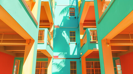 Obraz premium Vibrant Architectural Design of a Modern Building with Colorful Facades, Bright Colors, and Shadows Creating a Playful Atmosphere in Tropical Setting