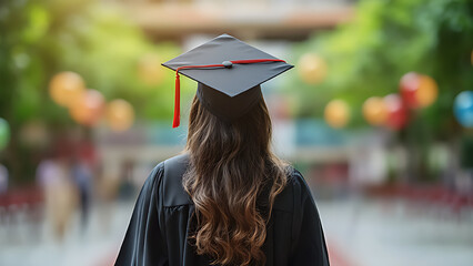 Rear view of young woman in graduation gown and graduation cap on college campus.