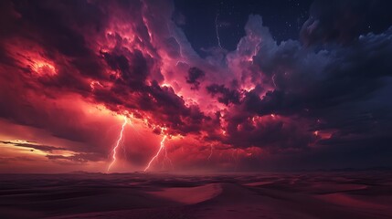 Fototapeta premium Pulsating crimson clouds swirling around lightning in a surreal desert nightscape, dramatic horizons,