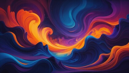 Obraz premium A vibrant abstract artwork featuring swirling colors of orange, purple, and blue, creating a dynamic and fluid visual experience.