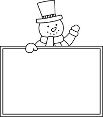 Christmas snowman holding blank sign outline vector.
Snowman holding blank sign coloring drawing vector. 
Transparent background.

