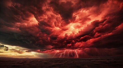 Dark red thunderstorm clouds with frequent lightning over a barren landscape, vivid contrasts,