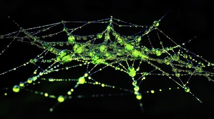 A vibrant green spider web adorned with dew drops, contrasting sharply against a rich black backdrop. The web's complex geometry.