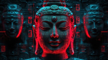 A digitally enhanced depiction of Buddha statues with a vibrant, futuristic aesthetic.