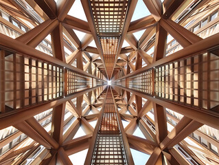 Obraz premium Stunning Geometric Architecture View from Below, Showcasing Intricate Patterns and Light Play in a Modern Building Design, Perfect for Architectural and Design Projects