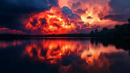 Fototapeta premium Fiery red thunderclouds reflected in the calm waters of a distant lake, electric tension,
