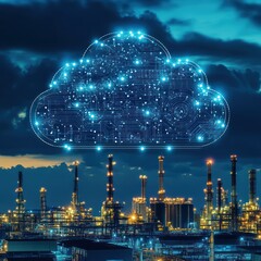 Cloud Computing in Industrial Setting: Night view of an oil refinery with a futuristic cloud computing network overlay.