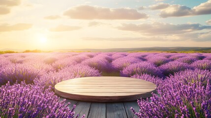 25. A quiet countryside scene with a simple wooden podium in the center of a blooming lavender...