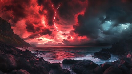 Vivid red thunderclouds sweeping across a rocky coastline, lightning slicing the dark sky, dramatic power,