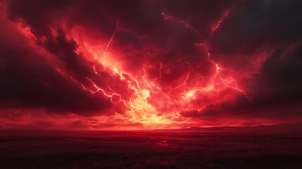 Intense red thunderstorm clouds glowing with electric veins above an open plain, surreal chaos,