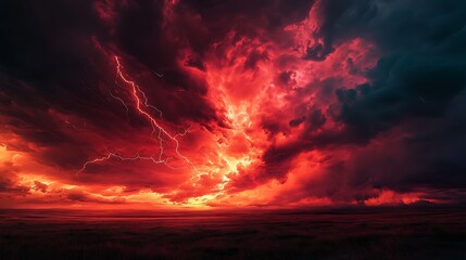 Fototapeta premium Intense red thunderstorm clouds glowing with electric veins above an open plain, surreal chaos,
