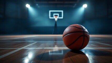 Naklejka premium Basketball on a Dark Court Under Spotlight