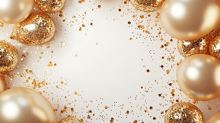 Gold confetti gently falling over a pristine white background, with golden balloons framing the center space, perfect for custom party invitations or announcements