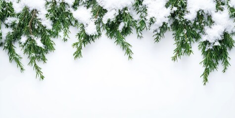 Obraz premium Snow-covered evergreen branches against a white background.