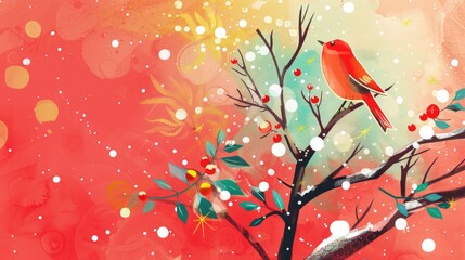 Red background with a red bird perched on a branch with berries and snowflakes, cute cartoon style, colorful background with a watercolor-like aesthetic, simple design