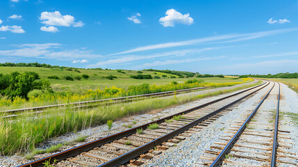 Fototapeta premium Scenic View of Train Tracks Curving Through Lush Green Landscape Under a Clear Blue Sky, Highlighting Nature's Beauty and Tranquility in a Rural Setting