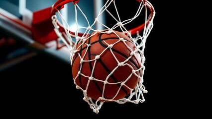A basketball is in the air, about to go through the net