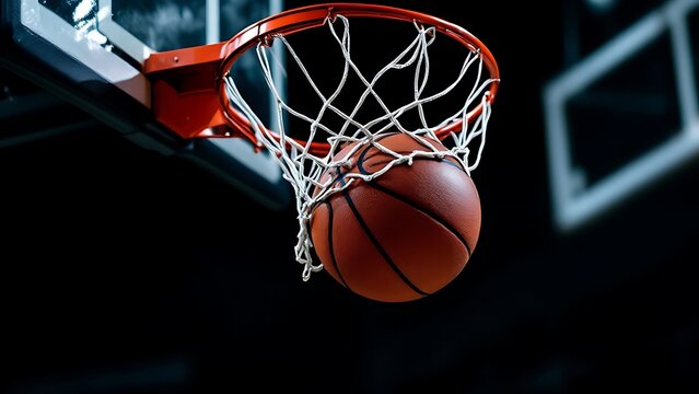 A basketball is in the air, about to go through the net