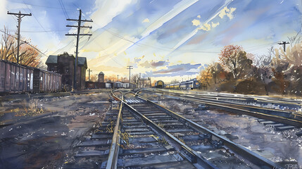 Fototapeta premium Serene Sunset Overabandoned Railway Tracks with a Weathered Station, Rolling Clouds and Vibrant Autumn Colors Capturing the Beauty of Nature's Transition