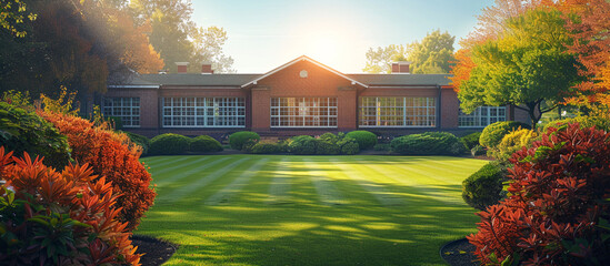 A traditional school structure with brick walls, framed by an expansive garden with well-maintained lawns, vibrant shrubs, and ornamental trees, basking in afternoon sunlight.