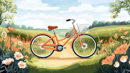 Obraz premium Illustrate a classic bicycle riding down a countryside path, flat design, side view, nature theme, cartoon drawing, Triadic Color Scheme