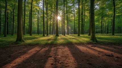 Obraz premium Sunbeams Through the Forest: A Serene Morning