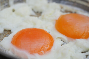 A CloseUp Image of Freshly Fried Eggs Cooked in a Pan for You to Enjoy and Indulge