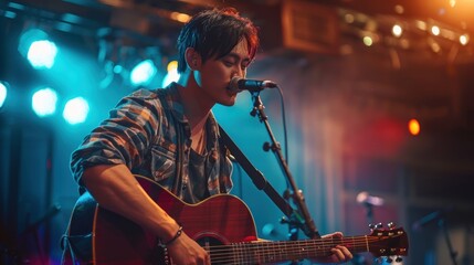 Fototapeta premium Male singer performing on stage with acoustic guitar.