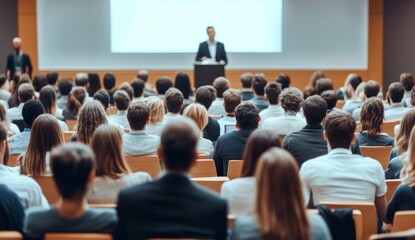 Obraz premium Diverse audience engaged in presentation at business conference with speaker at podium