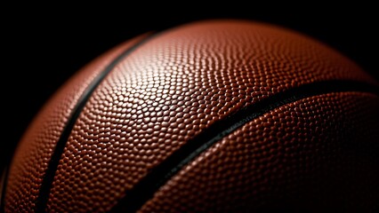 Fototapeta premium Close-up of a basketball against a dark background, highlighting its texture and contours. Ideal for sports, fitness, and basketball-themed projects or promotions.