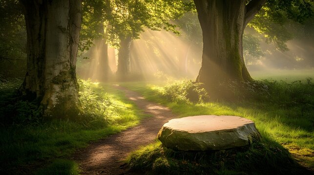 18. A misty forest path with a smooth stone podium in the clearing, surrounded by ancient trees and soft beams of sunlight breaking through the fog