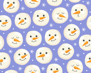  Seamless Christmas pattern with different cute snowmen faces on light blue background. Cartoon characters. New Year's pattern for wrapping paper, textile, print.