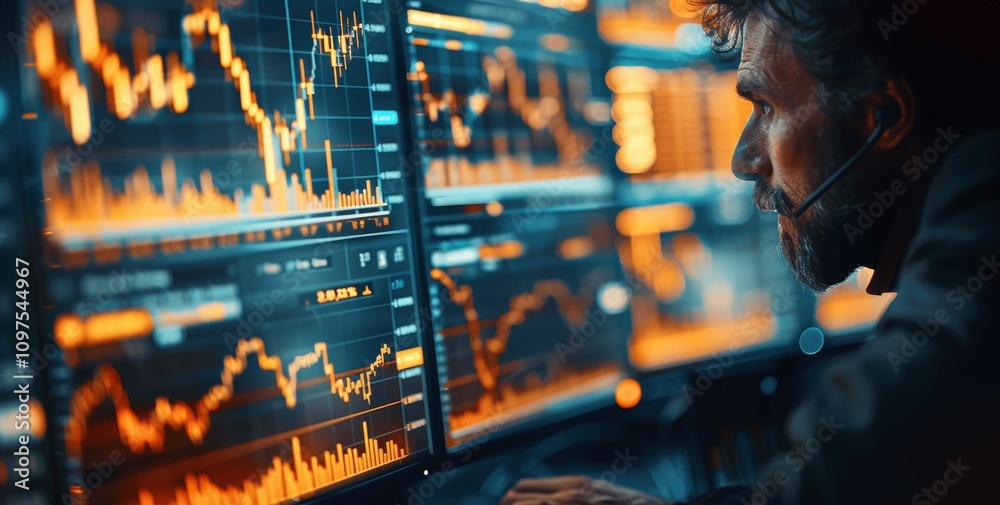 Poster stock market professional analyzing real-time financial data and trading patterns for investment str