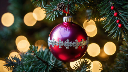 Red Christmas Ornament on a Twinkling Tree