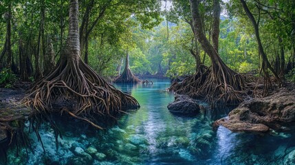 Lush Mangrove Forest with Clear Water Reflection
