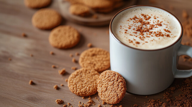 Speculoos cookies with spiced latte on a wooden table