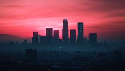 Stunning skyline of Los Angeles at sunset, showcasing the city's vibrant colors and modern architecture.
