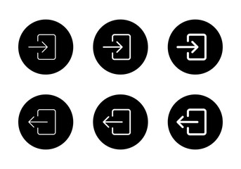 Login and logout icon set on black circle. Enter and exit door sign symbol