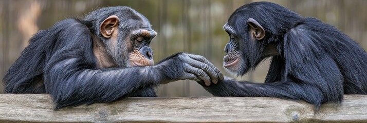 Two chimpanzees gently touching hands, showcasing connection and interaction.