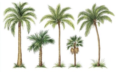 Realistic Illustration of Different Palm Trees with Lush Green Fronds on White Background